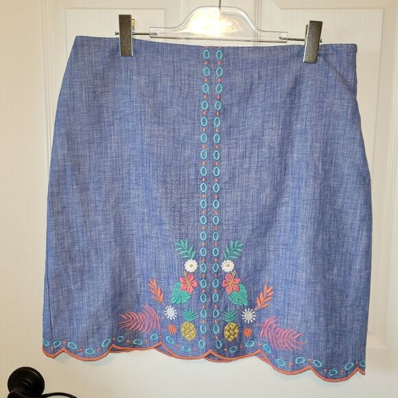 Talbots Dresses & Skirts - Talbots Skirt Womans 12 Blue Chambray Linen Twee Embroidered Scallop Floral Boho